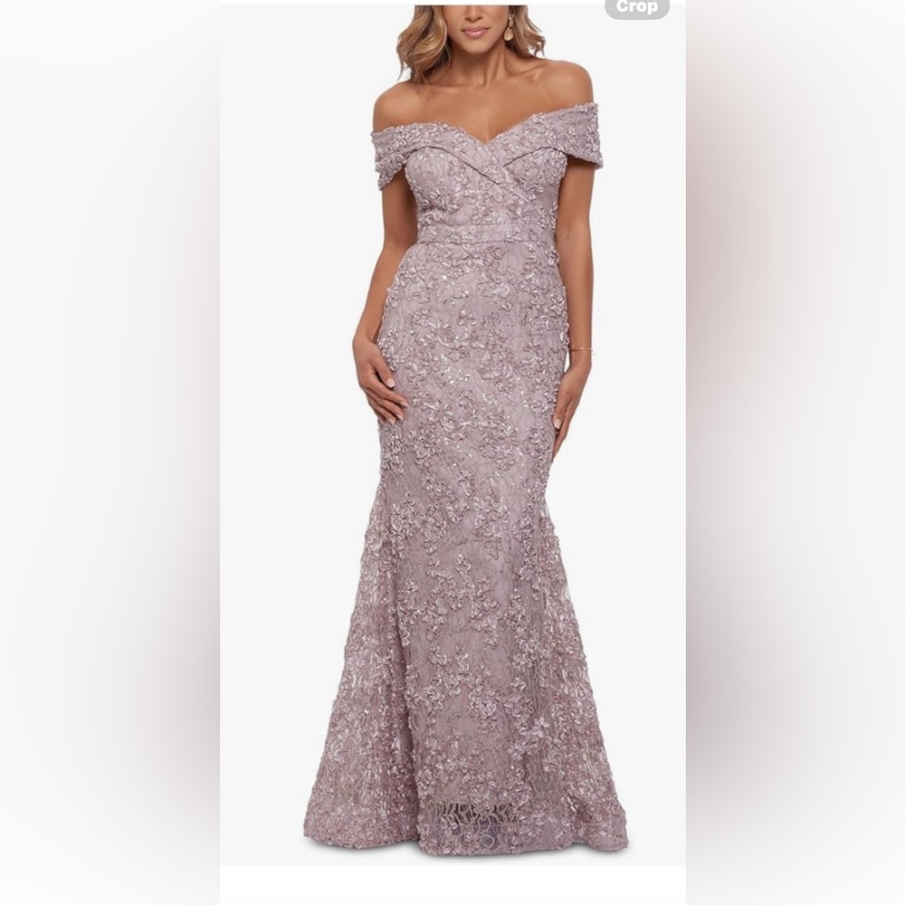 Xscape lace off the shoulder evening gown